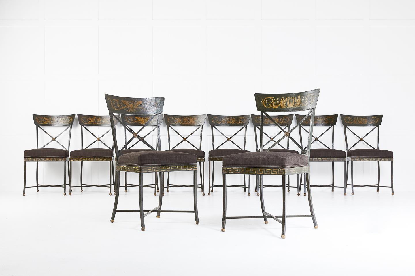 Beautiful rare set of ten chairs with original paint.
Handmade in solid steel, braised and riveted, exceptional quality and heavyweight.

With interesting Scottish aristocratic provenance for the buyer.