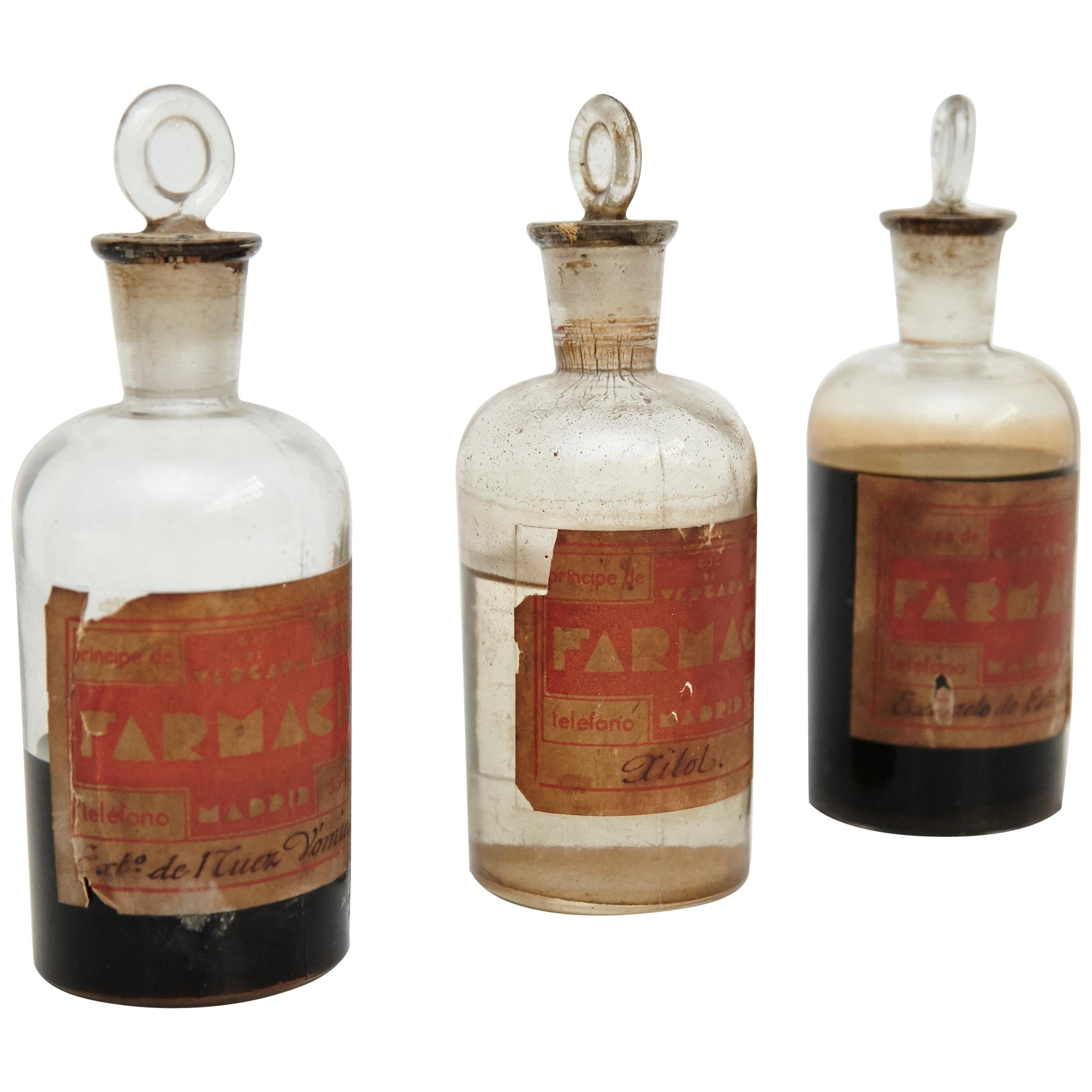 Early 20th Century Set of Three Antique Apothecary Glass Bottles