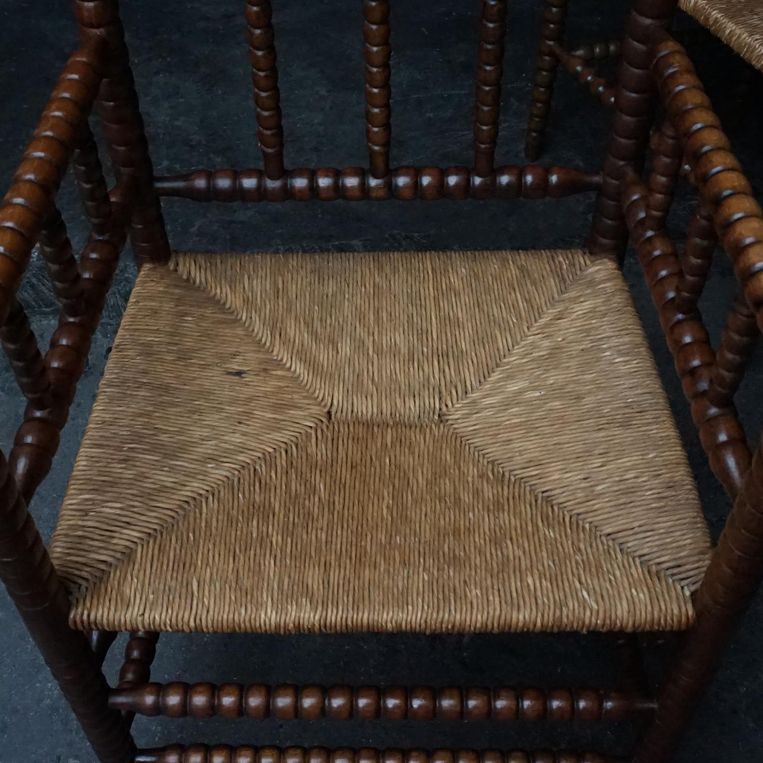 Early 20th Century Set of Two Dutch Turned Beech Bobbin Rush Matted Armchairs 7