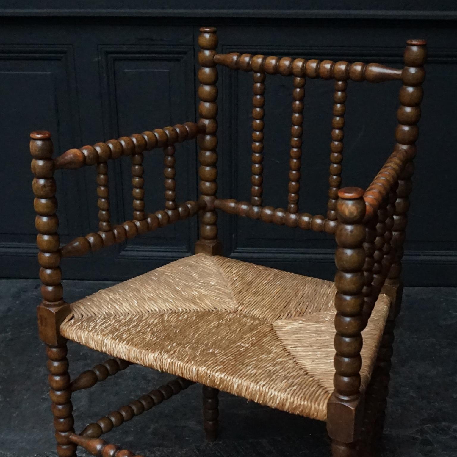 Early 20th Century Set of Two Dutch Turned Beech Bobbin Rush Matted Armchairs 1