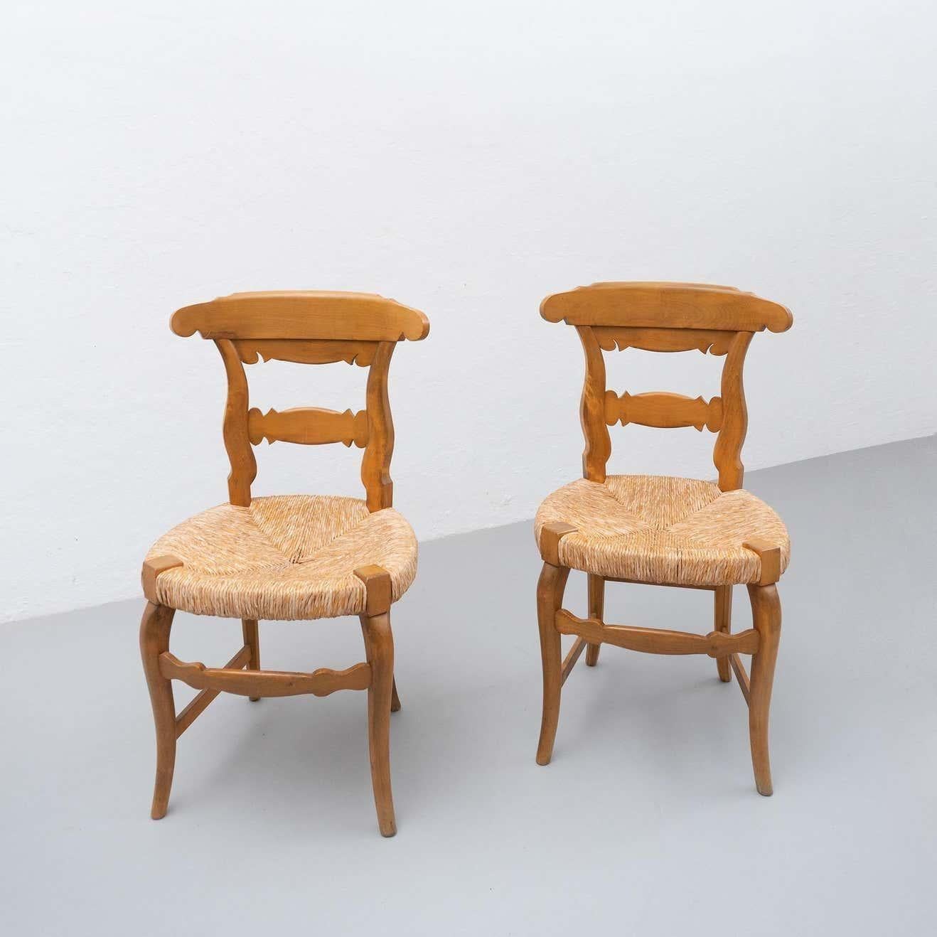 Mid-Century Modern Early 20th Century Set of Two French Provincial Rattan and Wood Chairs For Sale