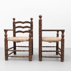 Early 20th Century Set of Two Popular Rustic Armchair in Wood and Rattan