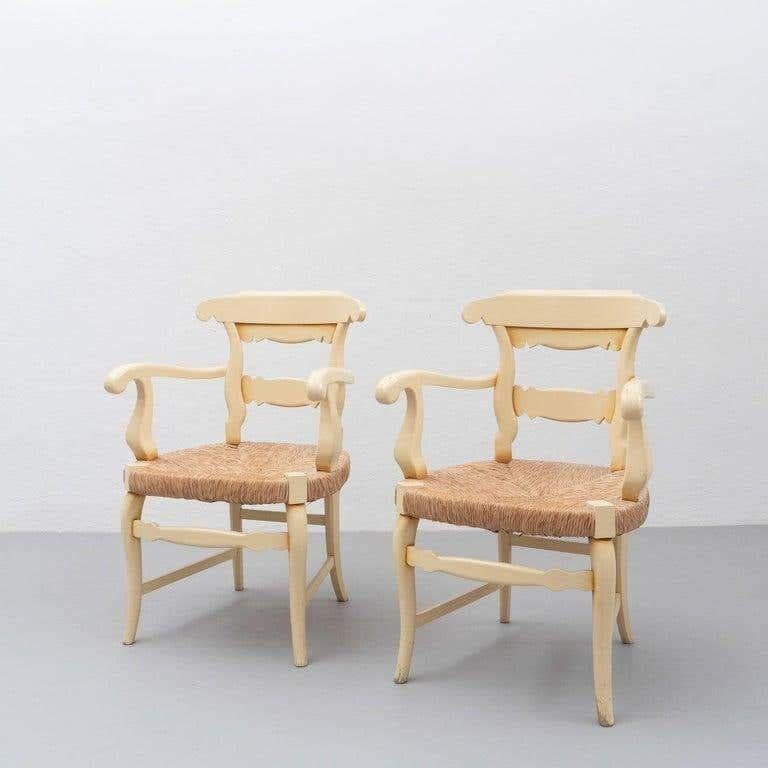 Early 20th Century Set of Two Provenzal Armchairs in Wood and Rattan In Good Condition For Sale In Barcelona, Barcelona