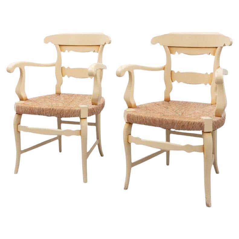 Early 20th Century Set of Two Provenzal Armchairs in Wood and Rattan