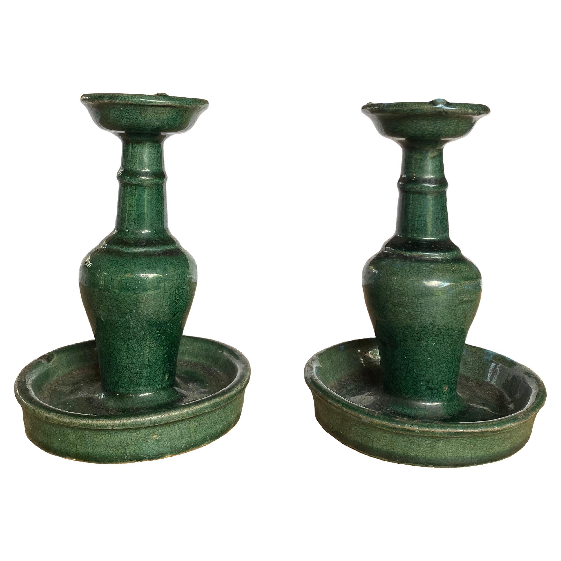  Chinese Ceramic Green Glaze 'Shiwan' Oil Lamp Set, Early 20th Century For Sale