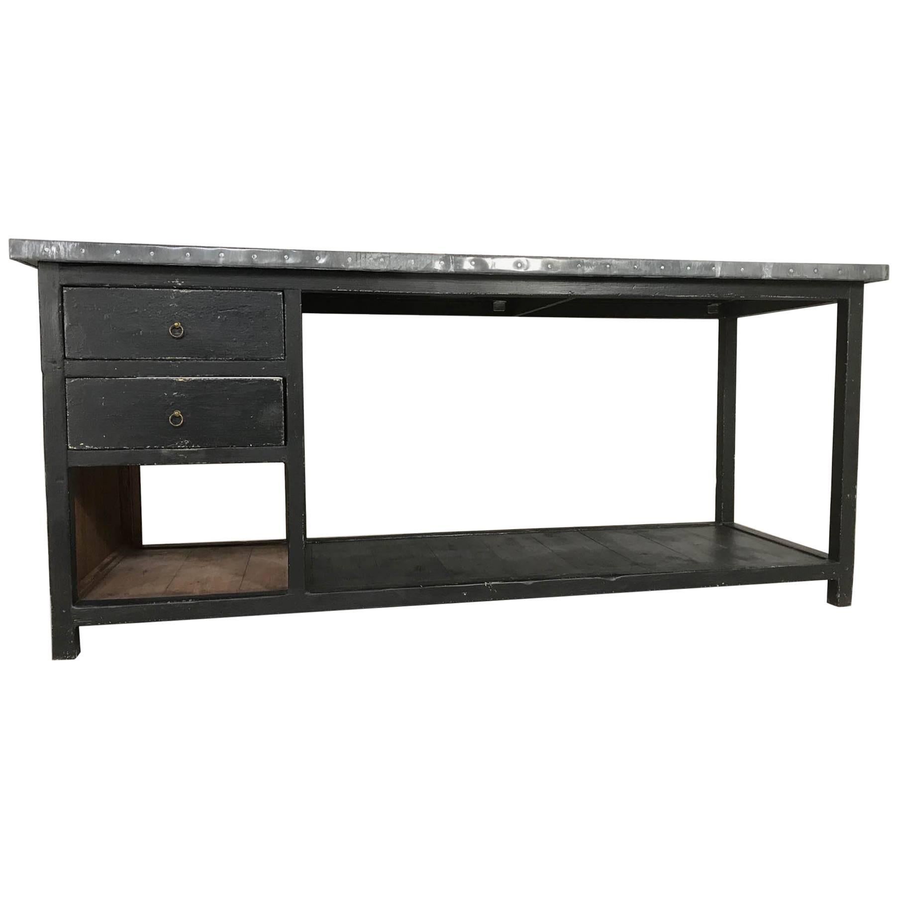 Early 20th Century Shop Counter Kitchen Island with Zinc Top