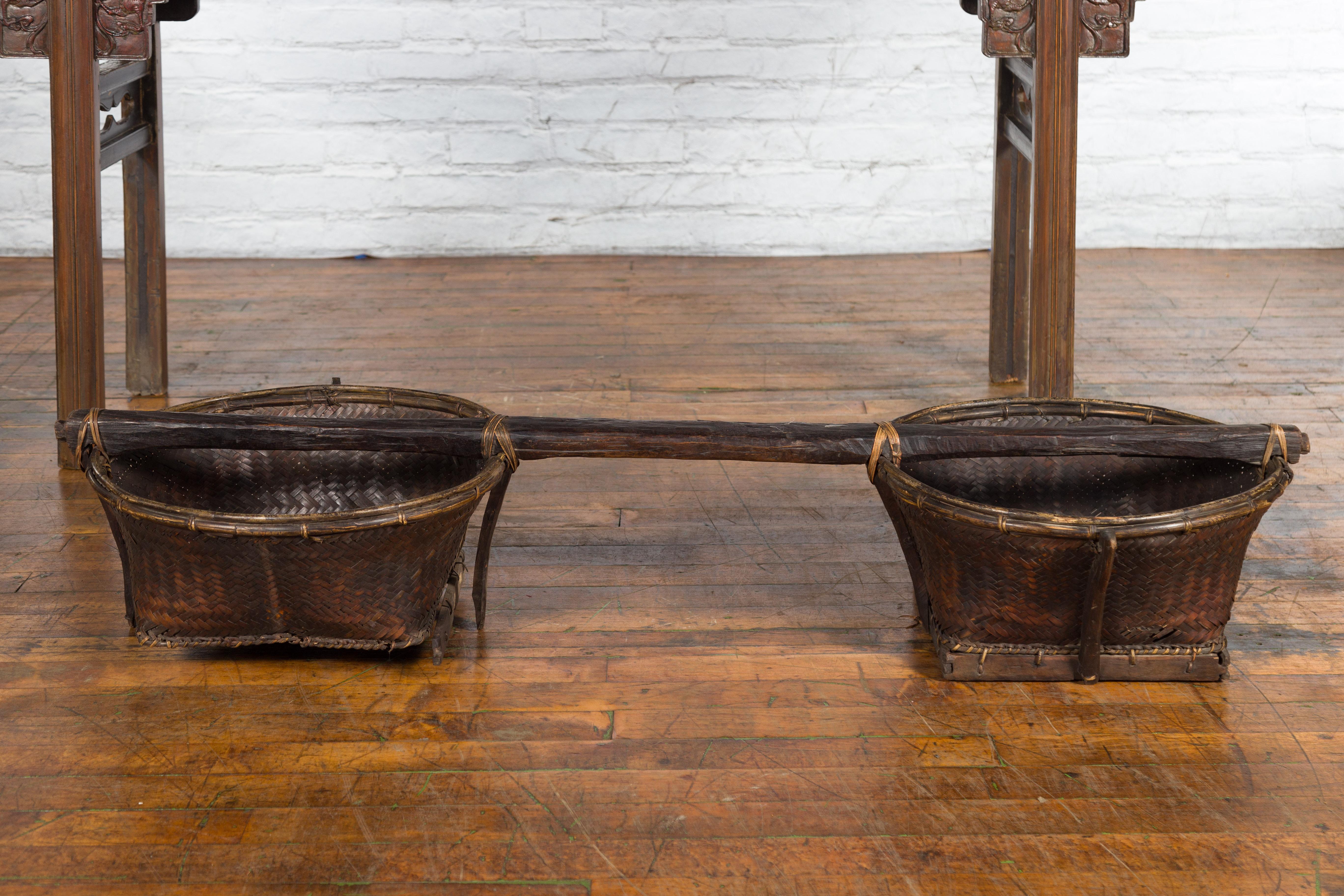 Early 20th Century Shoulder Rice Carrying Yoke with Bamboo and Rattan Baskets For Sale 6