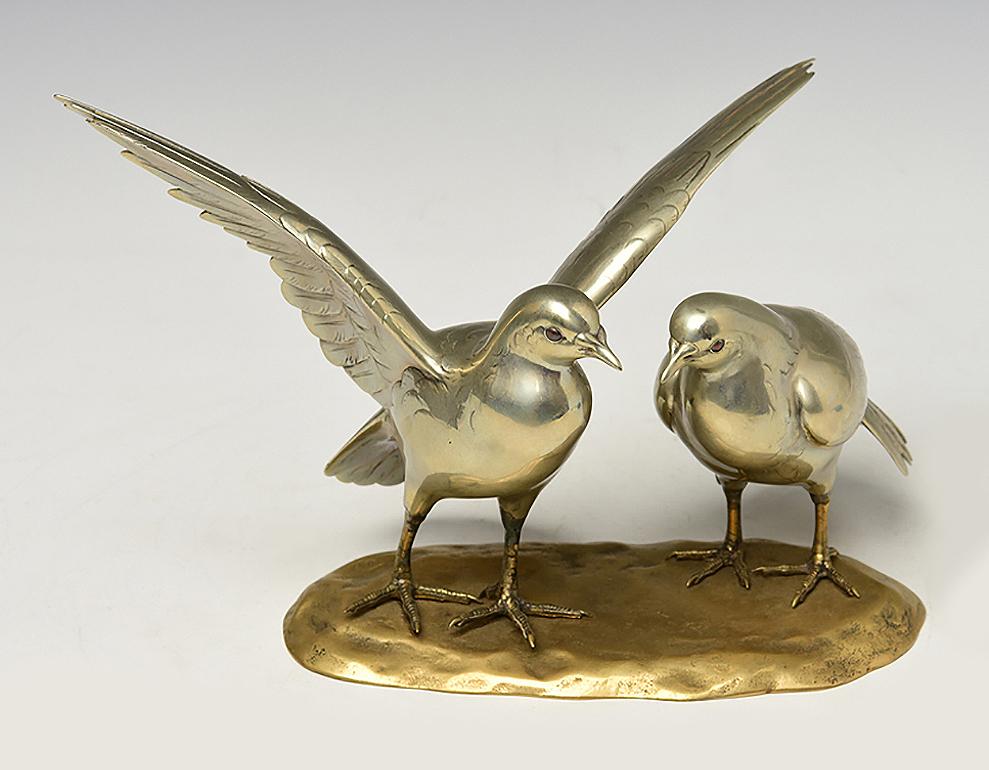 A pair of antique Japanese bronze Okimono birds.

Age: Japan, Showa Period, Early 20th Century
Size: Height 18.8 C.M. / Width 28.5 C.M.
Condition: Nice condition overall. 

100% Satisfaction and Authenticity Guaranteed with free 