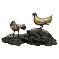 Early 20th Century, Showa, A Pair of Japanese Bronze Birds with Artist Sign