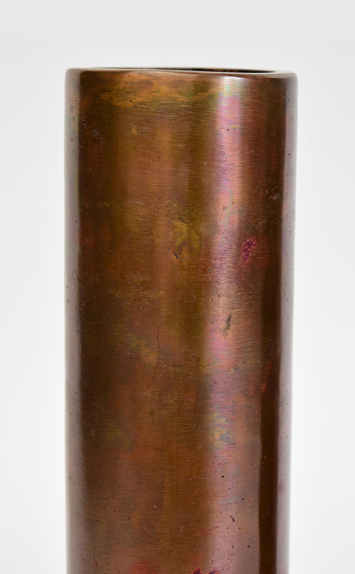 A pair of Japanese bronze vases with artist sign, used to decorate single flower arrangement in Japanese traditional tea ceremony. 

Artist signature is on the last photo.

Age: Japan, Showa Period, Early 20th Century
Size: Height 22.7 C.M. / Width