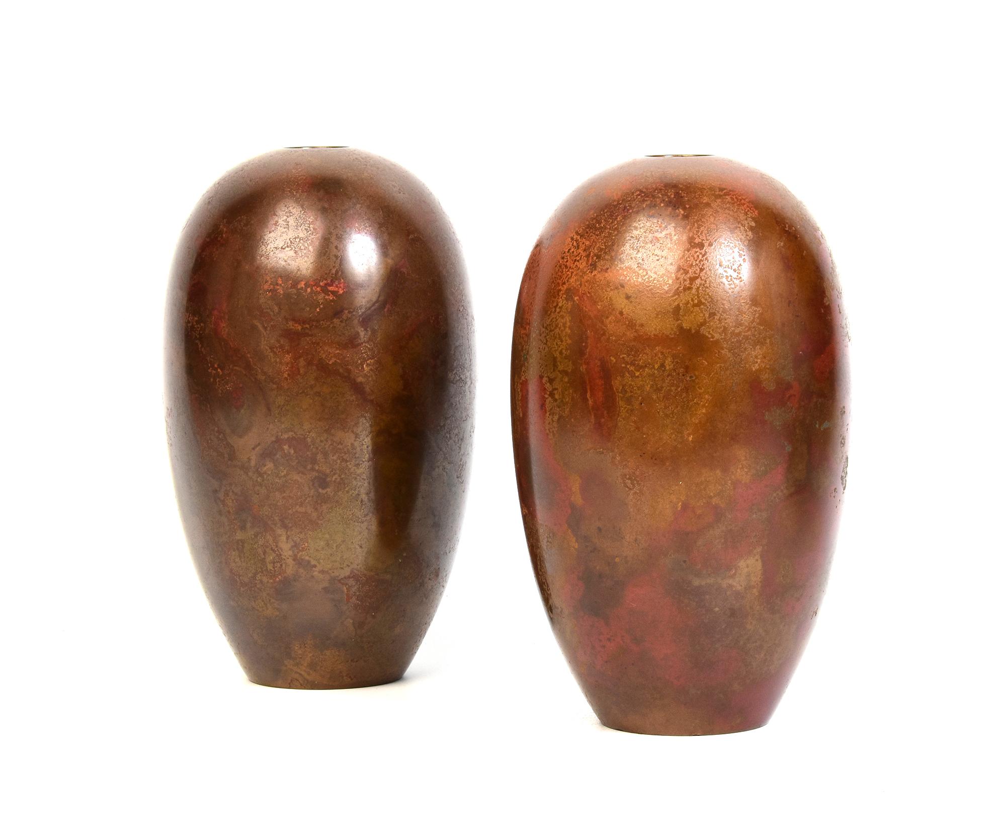 Metalwork Early 20th Century, Showa, A Pair of Japanese Bronze Vases with Artist Sign For Sale