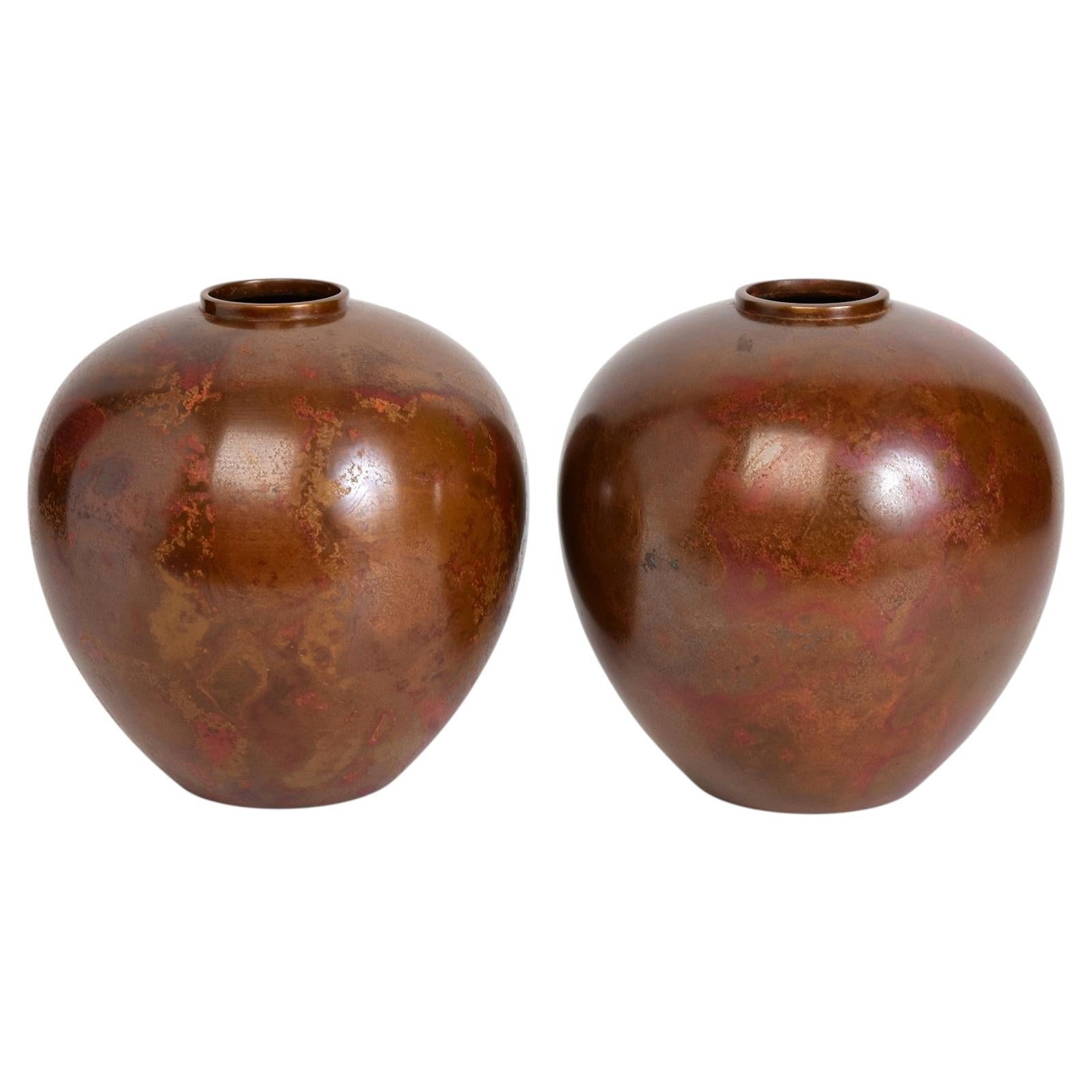Early 20th Century, Showa, A Pair of Japanese Bronze Vases with Artist Sign