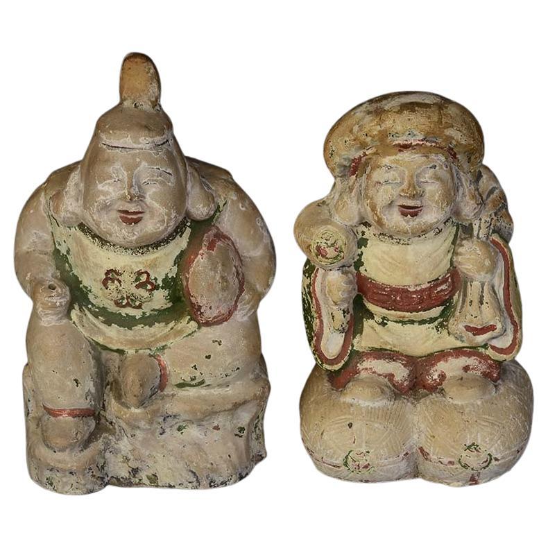 Paire de figurines en poterie peinte japonaise Showa, début du XXe siècle
