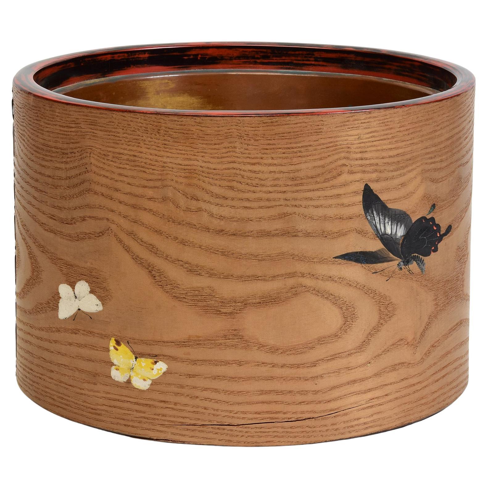 A principios del siglo XX, Showa, Antigua maceta japonesa de madera pintada a mano 'Hibachi