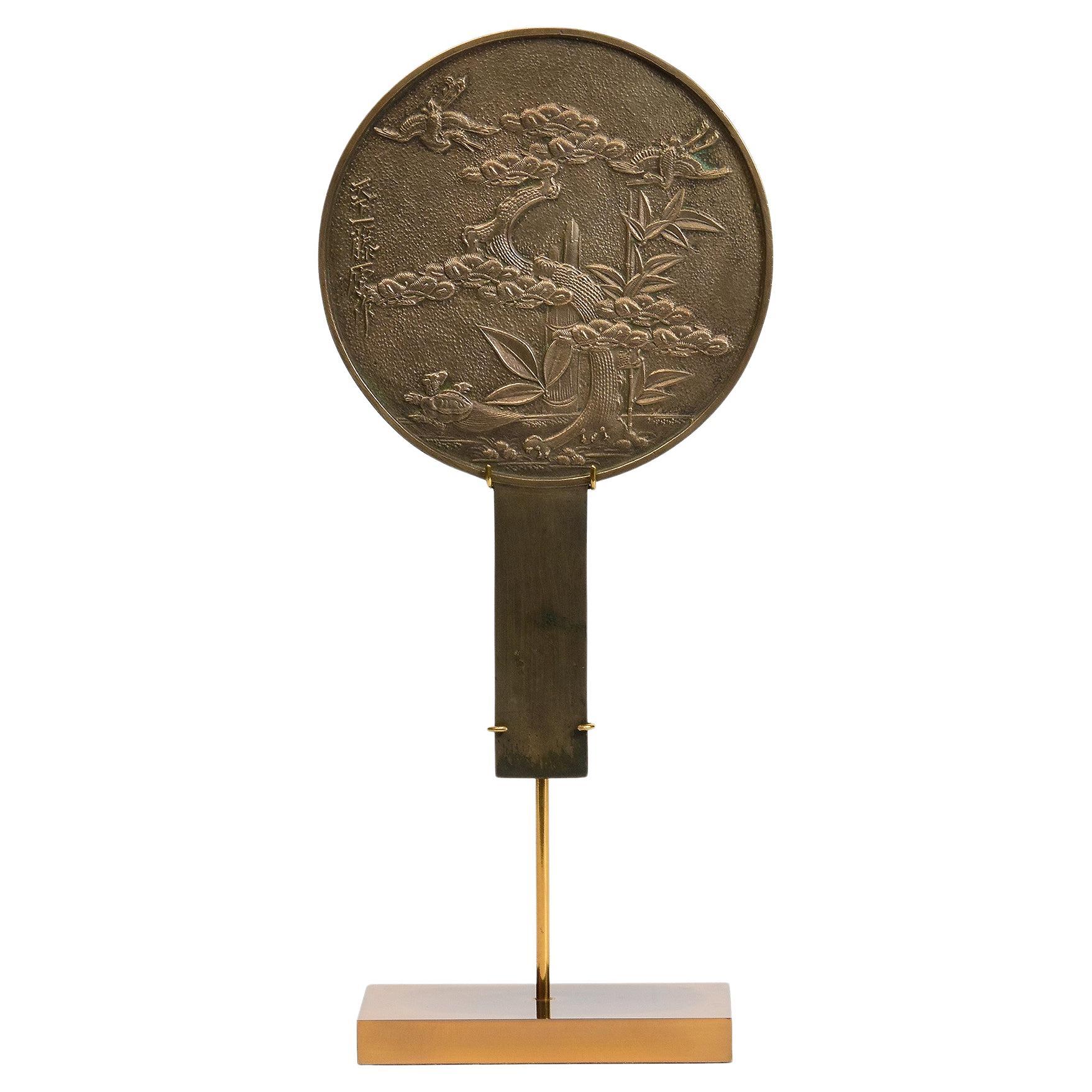 Early 20th Century, Showa, Japanese Bronze Mirror with Stand For Sale