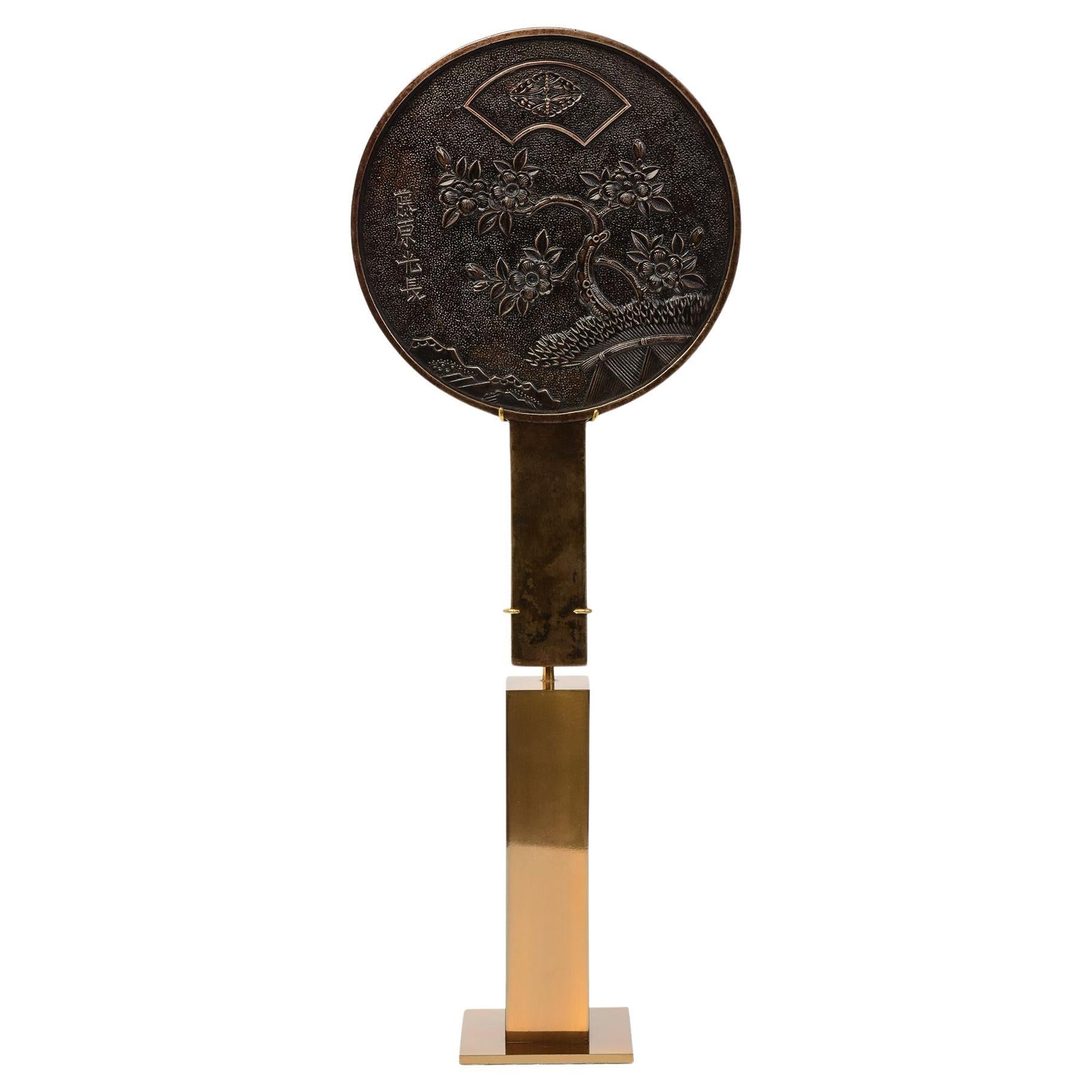 Early 20th Century, Showa, Japanese Bronze Mirror with Stand For Sale