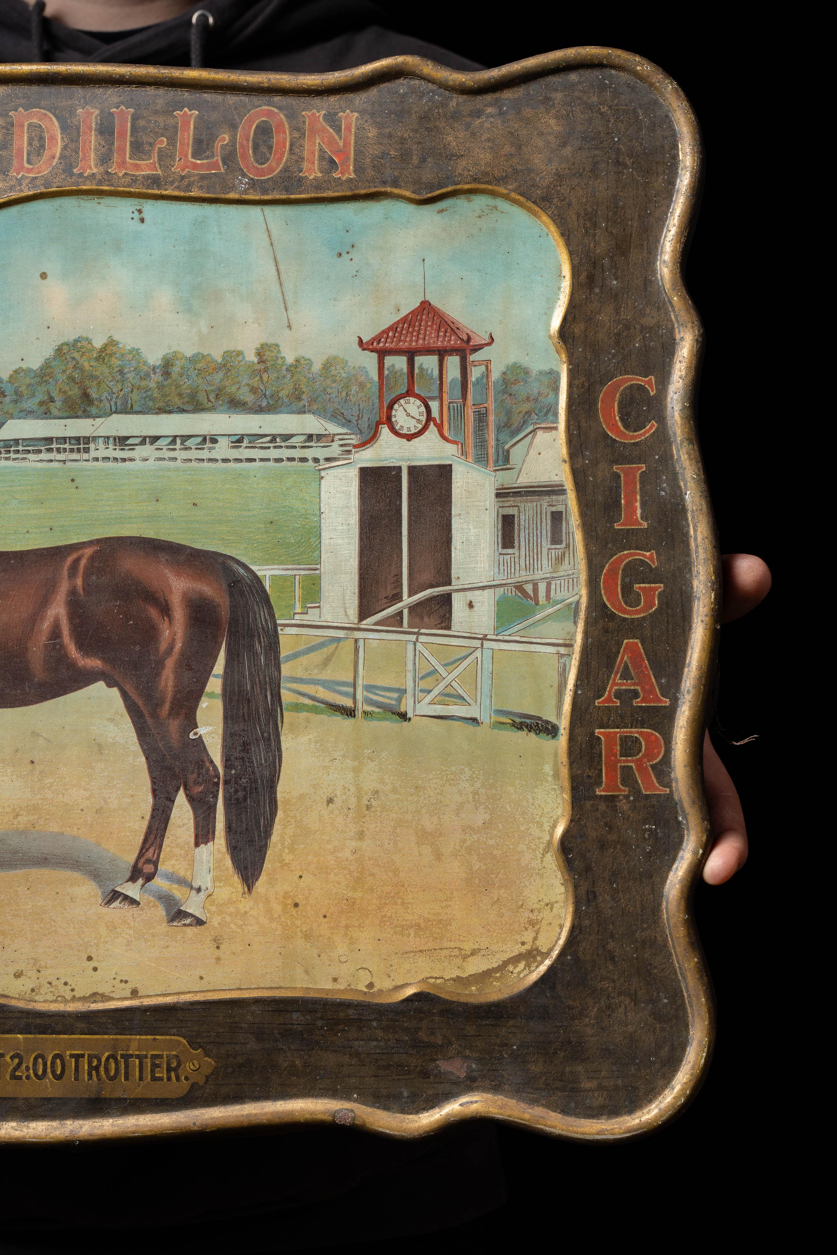 Early 20th Century Sidney Dillon Cigars Self-Framed Tin Litho Advertising Sign In Fair Condition For Sale In Dekalb, IL