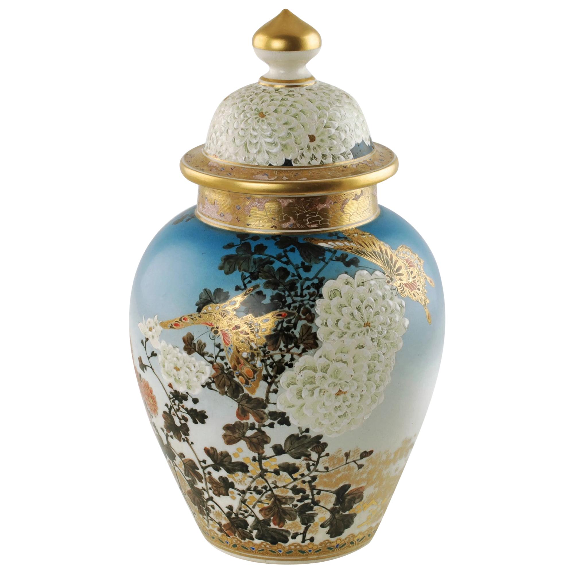 Late 19th Century Signed Japanese Hand Painted Satsuma Temple Jar Meiji Period For Sale