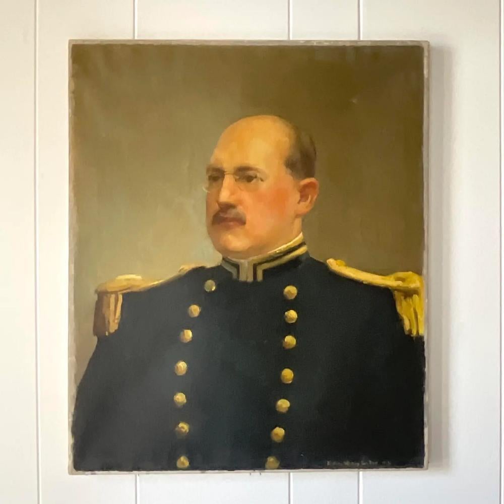 Canvas Early 20th Century Signed Original Oil Portrait of Military Man For Sale