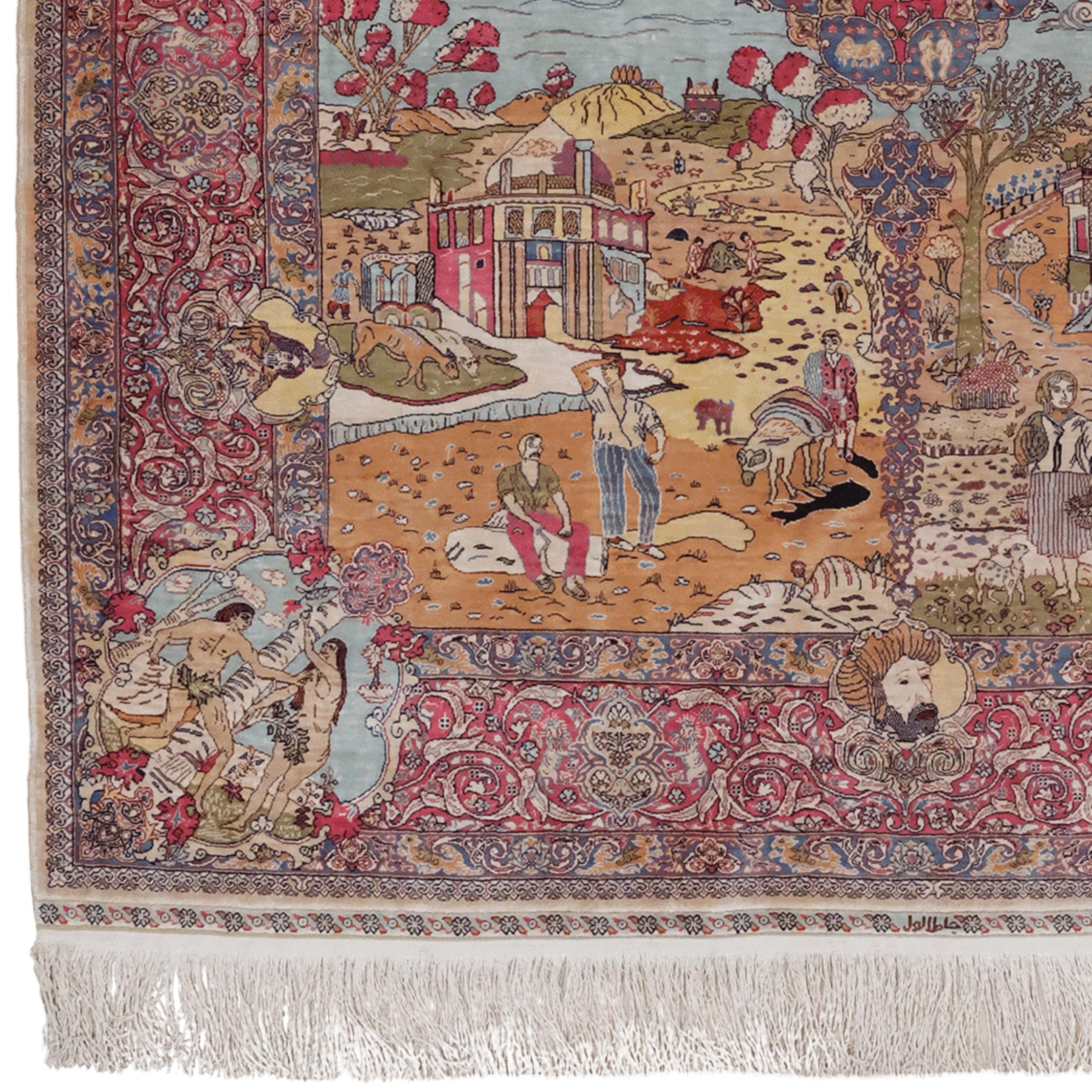 Esta cautivadora pieza fue tejida con maestría en Hereke, uno de los centros de tejido de alfombras más prestigiosos de Turquía, a principios del siglo XX. Fabricada íntegramente en seda, esta alfombra no es un mero elemento decorativo, sino una