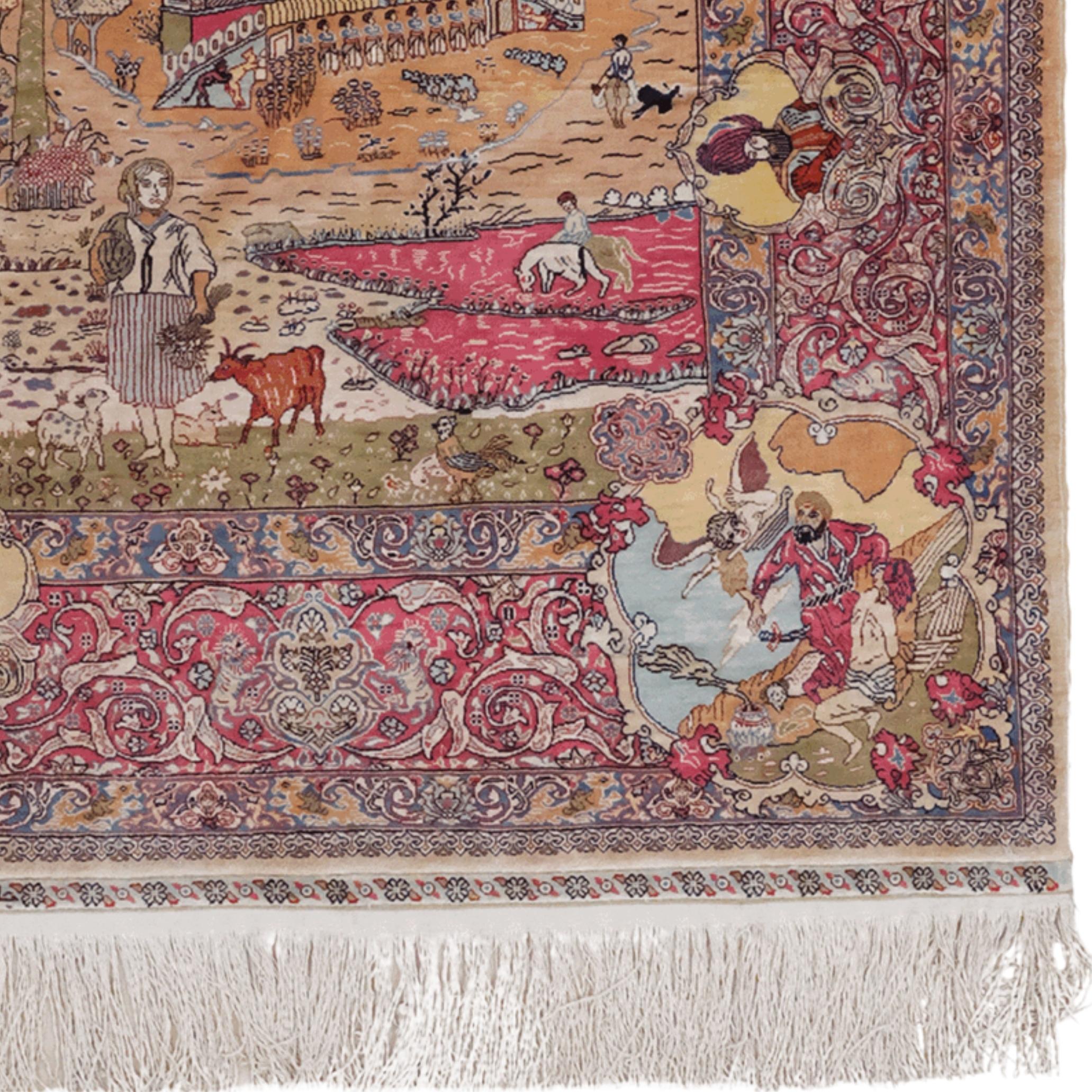 Alfombra pictórica Hereke de seda firmada a principios del siglo XX en Bueno estado para la venta en Sultanahmet, 34