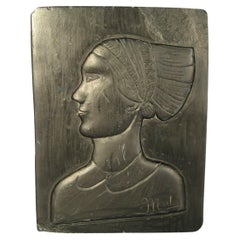 Early 20th Century Signed Stone Bas-Relief Profile of a Woman by Mader -1Y55