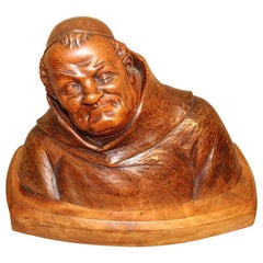 Early 20th Century Signed Swiss Carved Walnut Humorous Study of a Monk