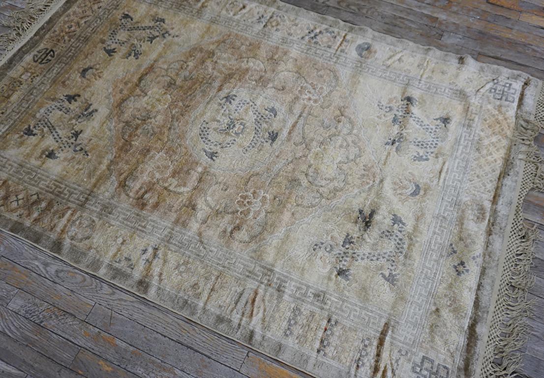 Early 20th Century Silk Chinese Dragon Carpet ( 4'2