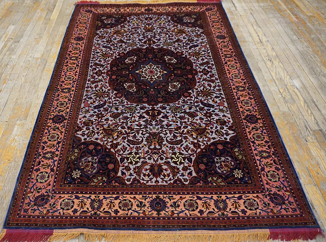 Early 20th Century Silk & Metallic Thread Persian Kashan Carpet, Size: 4' 6