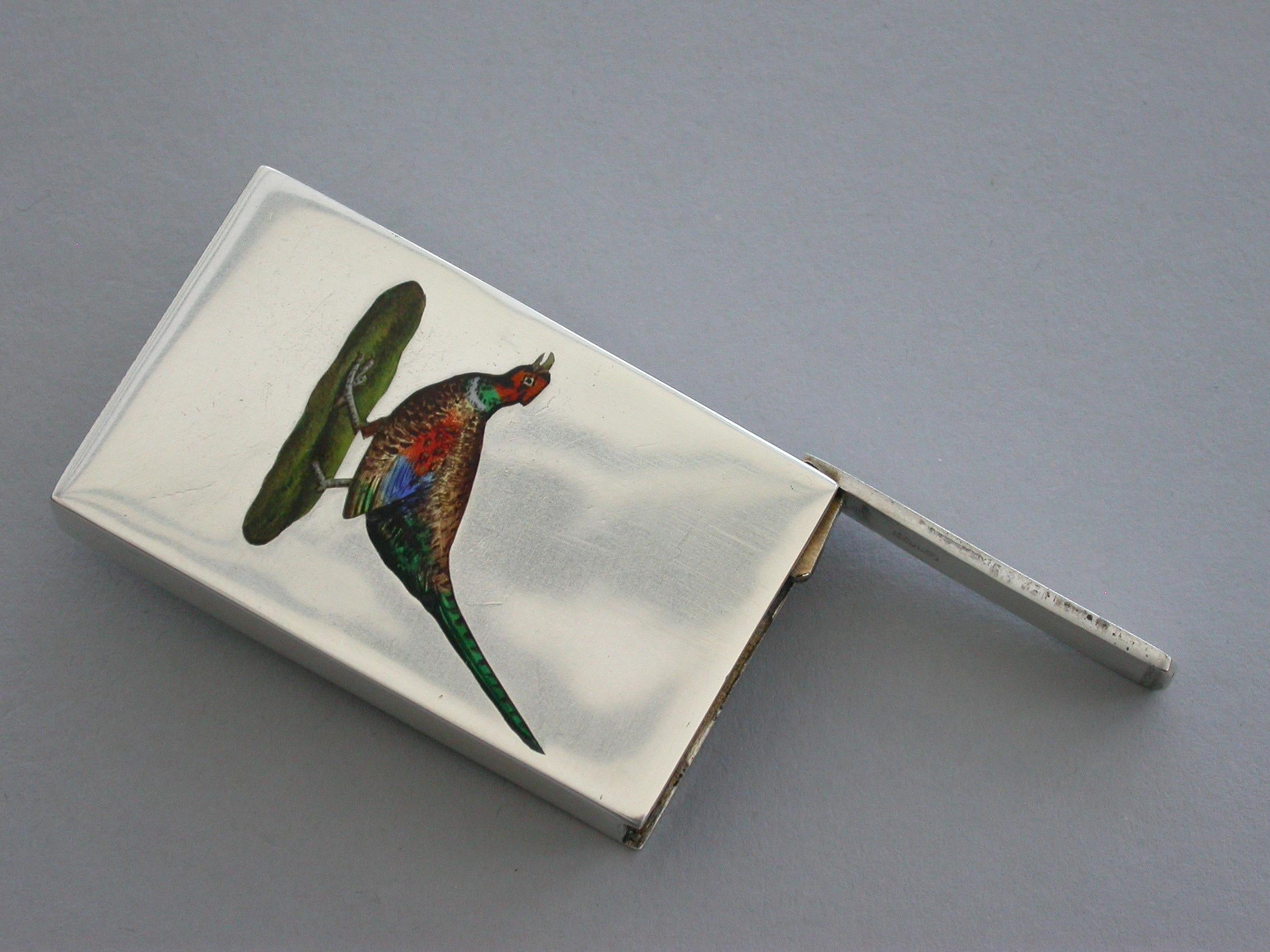 Early 20th Century Silver and Enamel Pheasant Vesta Case, Chester, 1913 For Sale 4