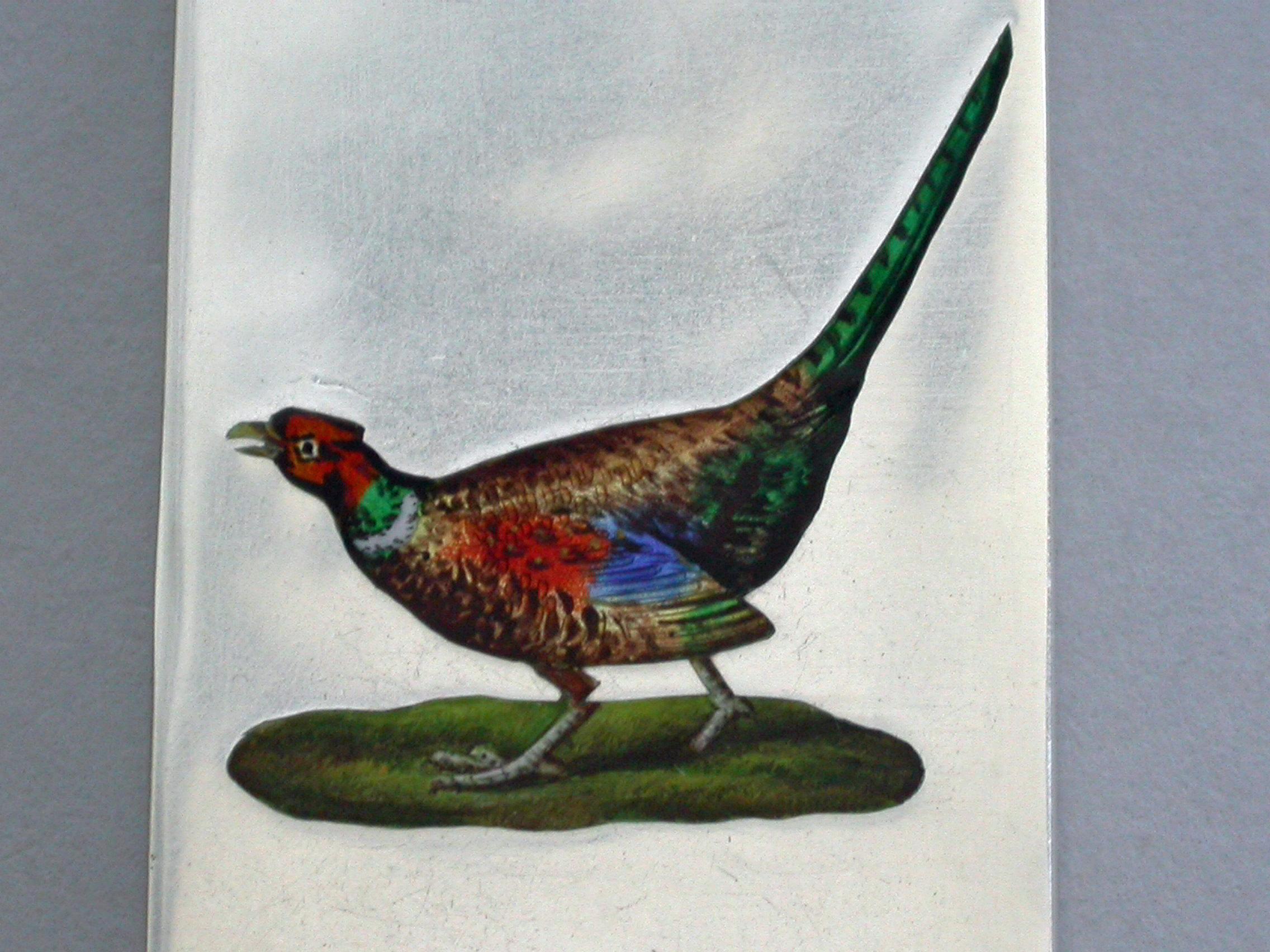 English Early 20th Century Silver and Enamel Pheasant Vesta Case, Chester, 1913 For Sale