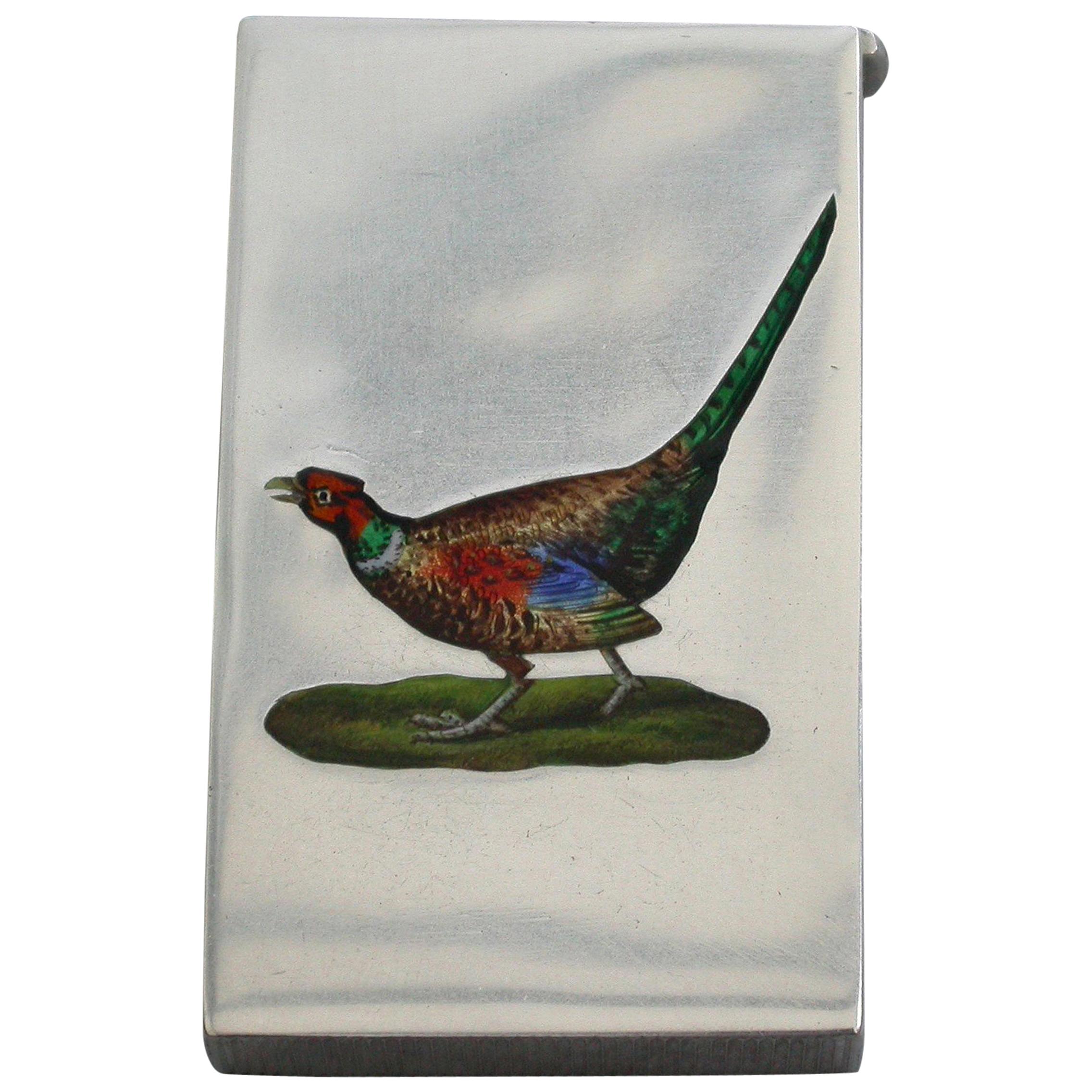 Early 20th Century Silver and Enamel Pheasant Vesta Case, Chester, 1913 For Sale