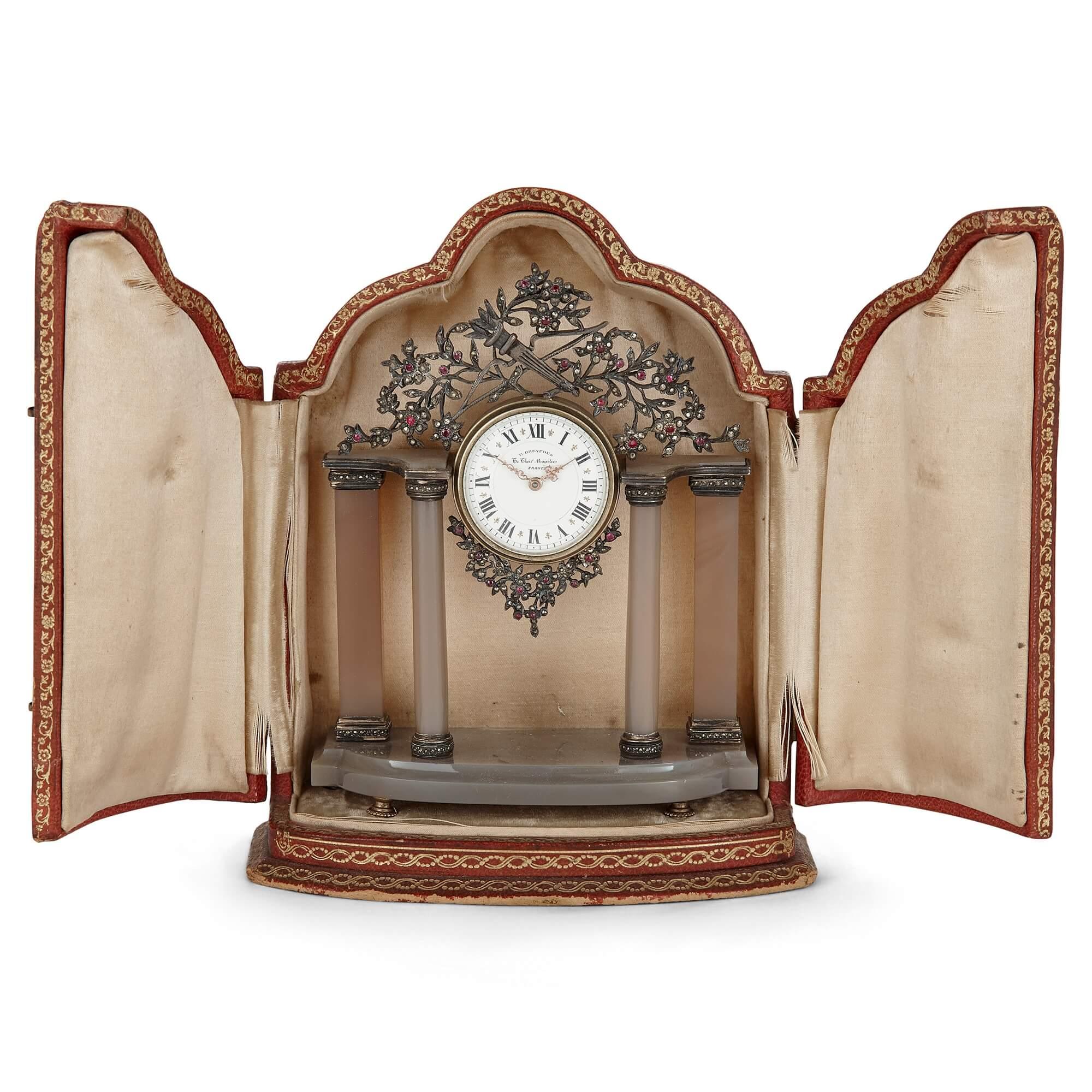 French Early 20th Century Silver and Precious Stone Table Clock by Dreyfous For Sale