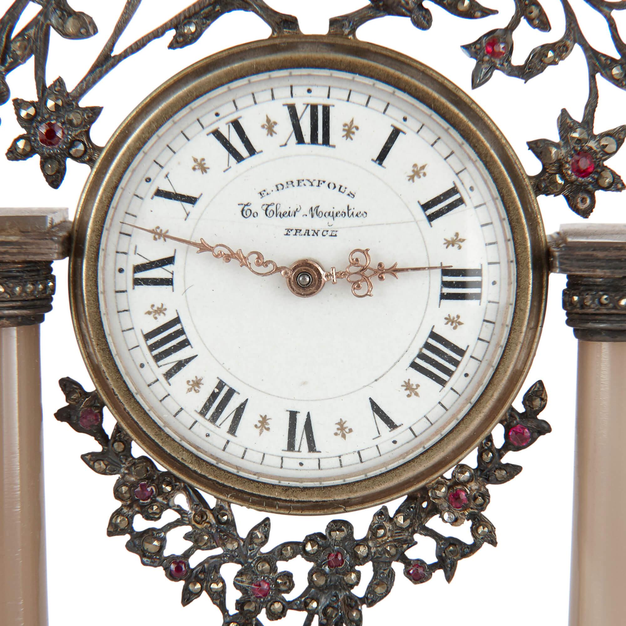 Early 20th Century Silver and Precious Stone Table Clock by Dreyfous For Sale 1