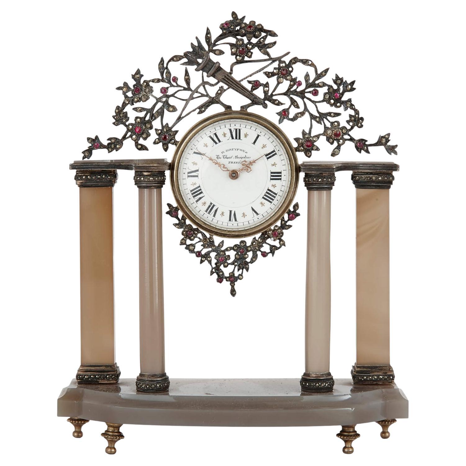 Early 20th Century Silver and Precious Stone Table Clock by Dreyfous For Sale