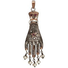 Antique Early 20th Century Silver, Gold and Pearl Khamsa Pendant Amulet, Tunis, Tunisia