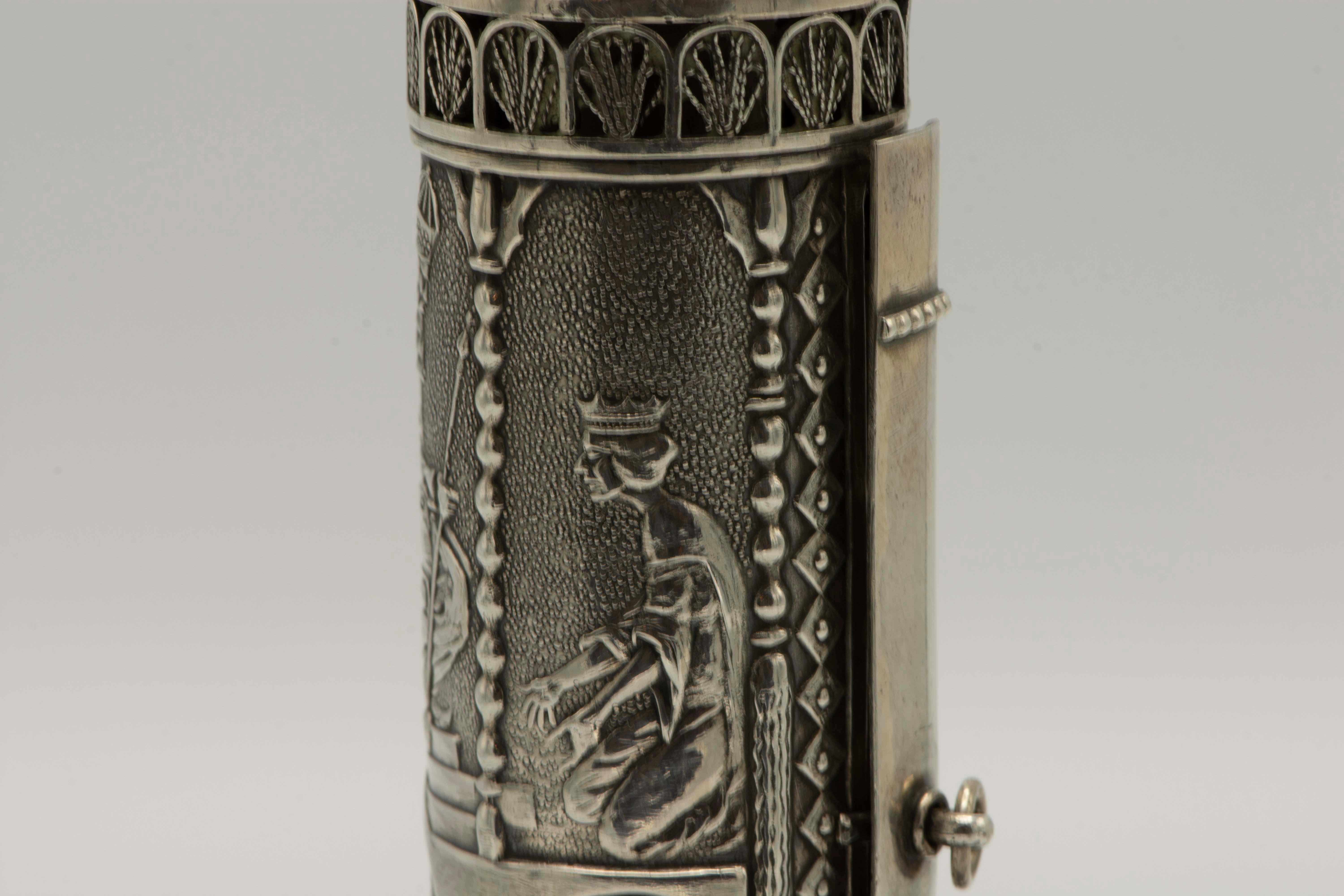 Hand-Crafted Early 20th Century Silver Megillah Case and Scroll by Bezalel School, Jerusalem