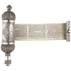 Antique Early 20th Century Silver Megillah Case and Scroll by Bezalel School, Jerusalem