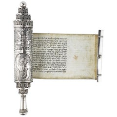 Antique Early 20th Century Silver Megillah Case and Scroll by Bezalel School, Jerusalem