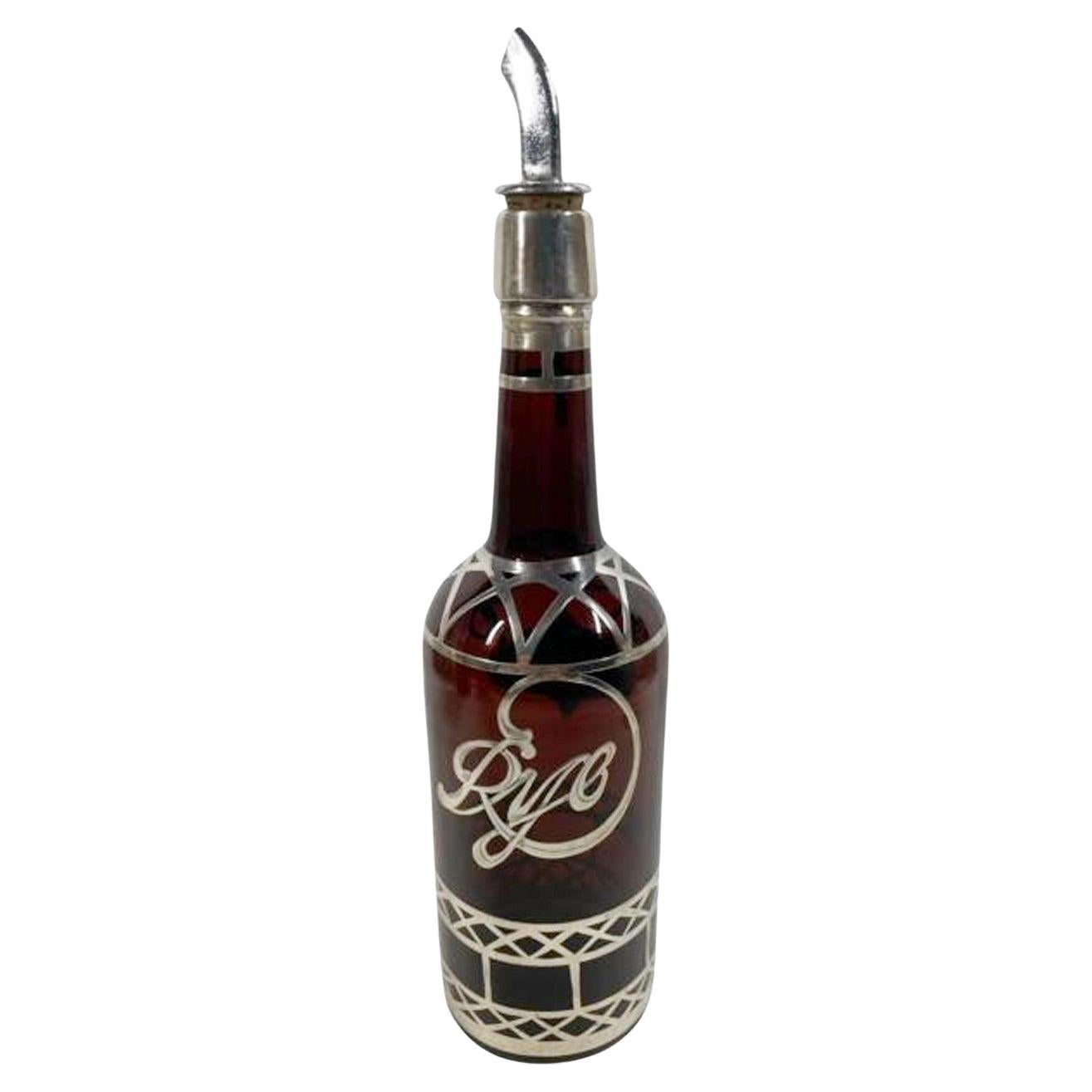 Bottiglia da bar con retro "RYE" sovrapposto in argento dell'inizio del 20° secolo con "Label" a forma di scudo in vendita
