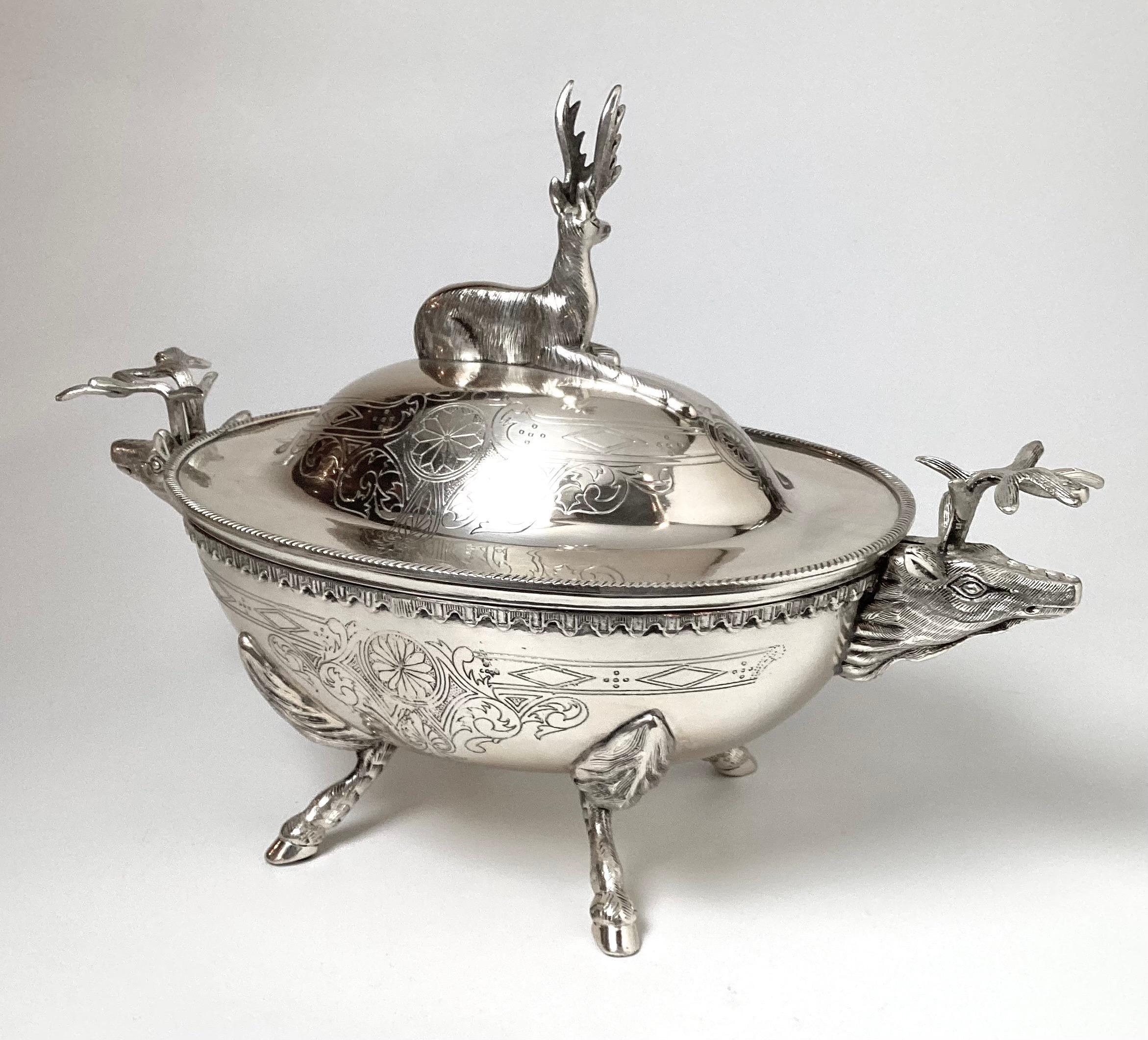 English Early 20th Century Silver Plate Elk Motif Tureen For Sale