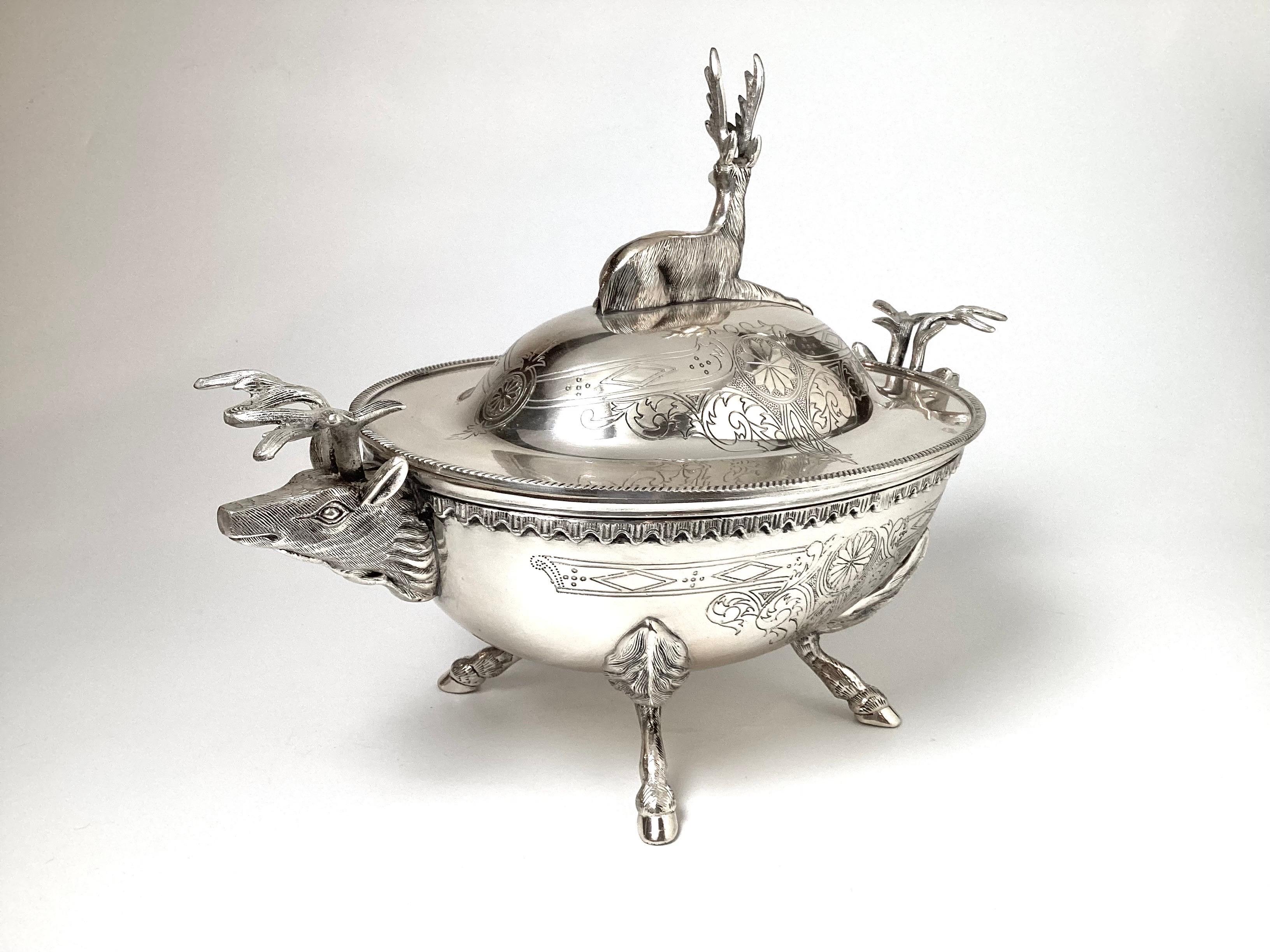Early 20th Century Silver Plate Elk Motif Tureen In Good Condition For Sale In Lambertville, NJ