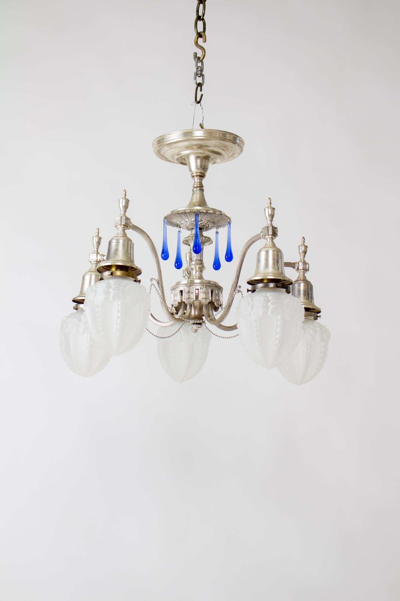 Early 20th Century Silver Plate Flush Chandelier with Blue Crystals and Frosted  For Sale 5