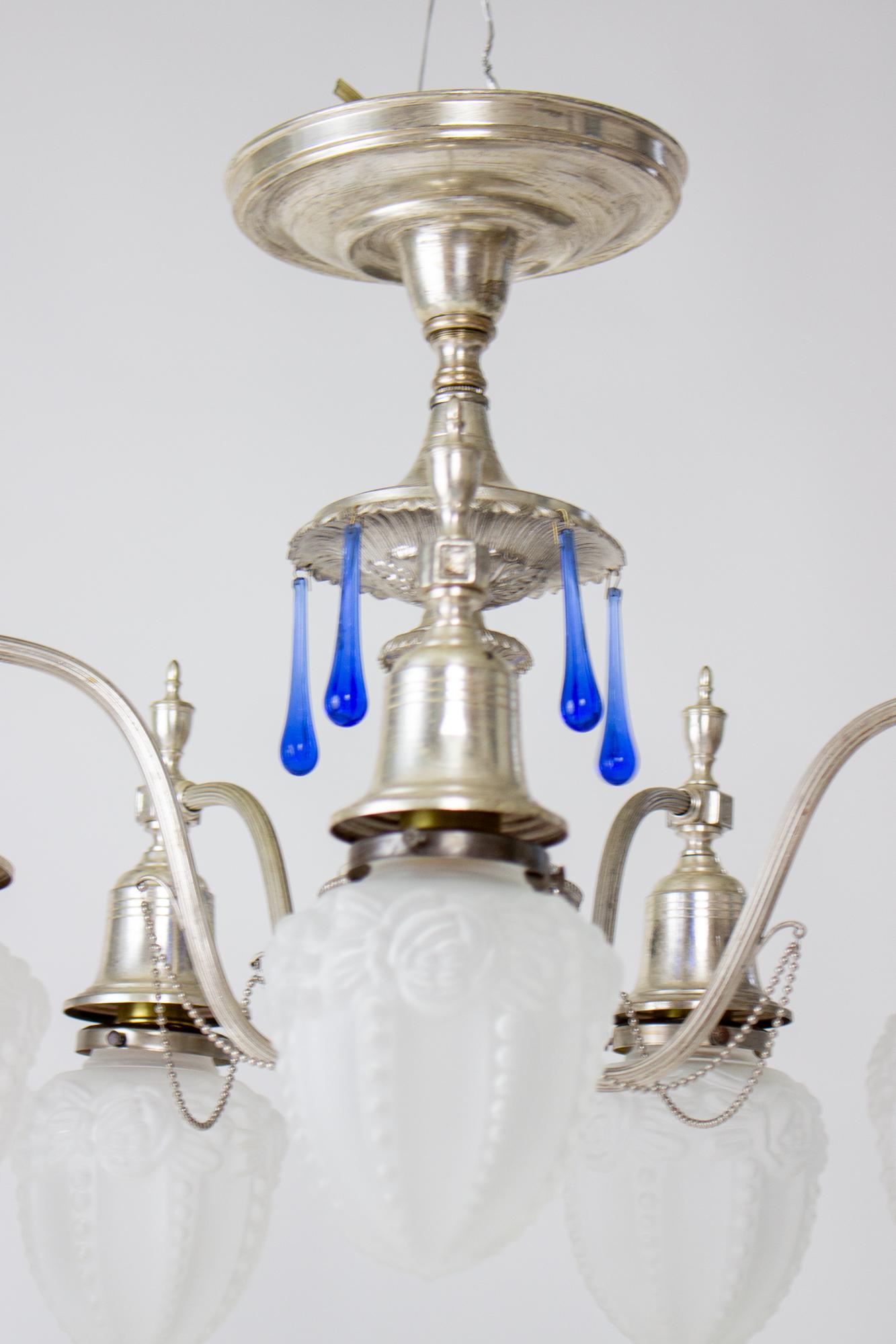 American Early 20th Century Silver Plate Flush Chandelier with Blue Crystals and Frosted  For Sale