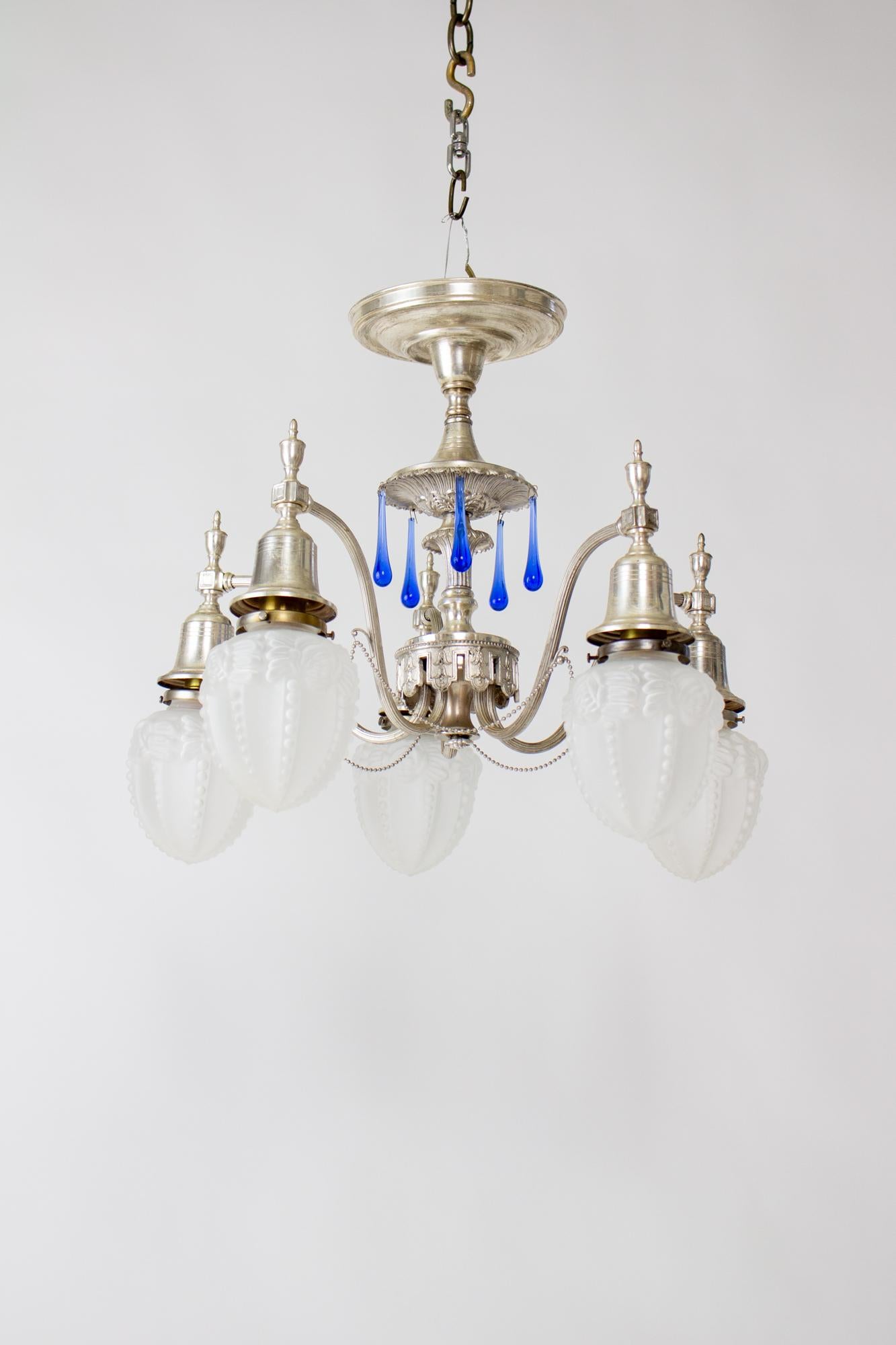 Early 20th Century Silver Plate Flush Chandelier with Blue Crystals and Frosted  For Sale 2