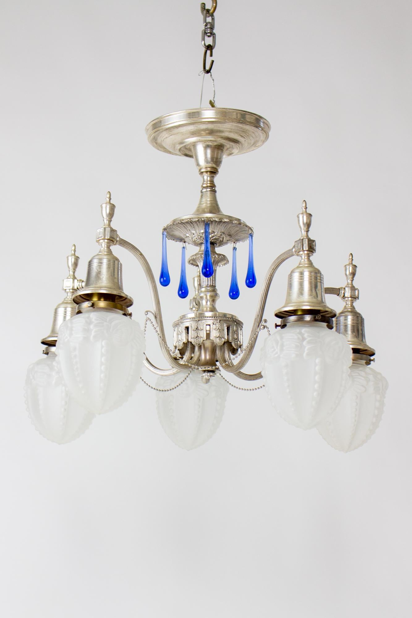 Early 20th Century Silver Plate Flush Chandelier with Blue Crystals and Frosted  For Sale 3