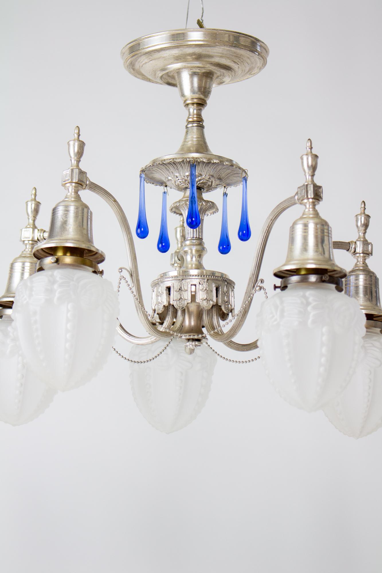 Early 20th Century Silver Plate Flush Chandelier with Blue Crystals and Frosted  For Sale 4