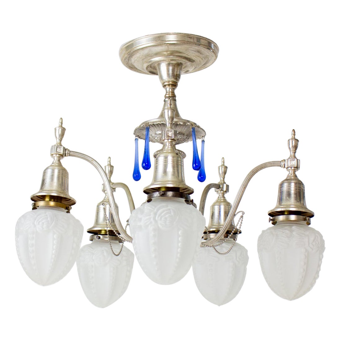 Early 20th Century Silver Plate Flush Chandelier with Blue Crystals and Frosted For Sale