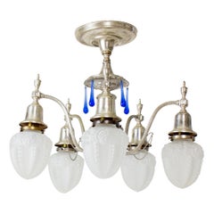 Early 20th Century Silver Plate Flush Chandelier with Blue Crystals and Frosted