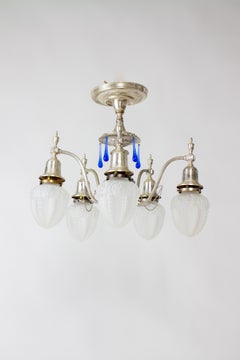 Early 20th Century Silver Plate Flush Chandelier with Blue Crystals and Frosted 